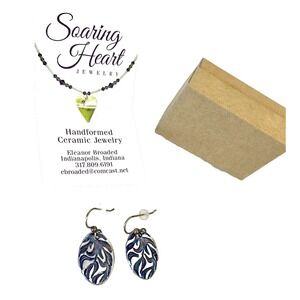 NEW Hand-Formed Glazed Ceramic Earrings Soaring Heart Jewelry Oval Blue Hook